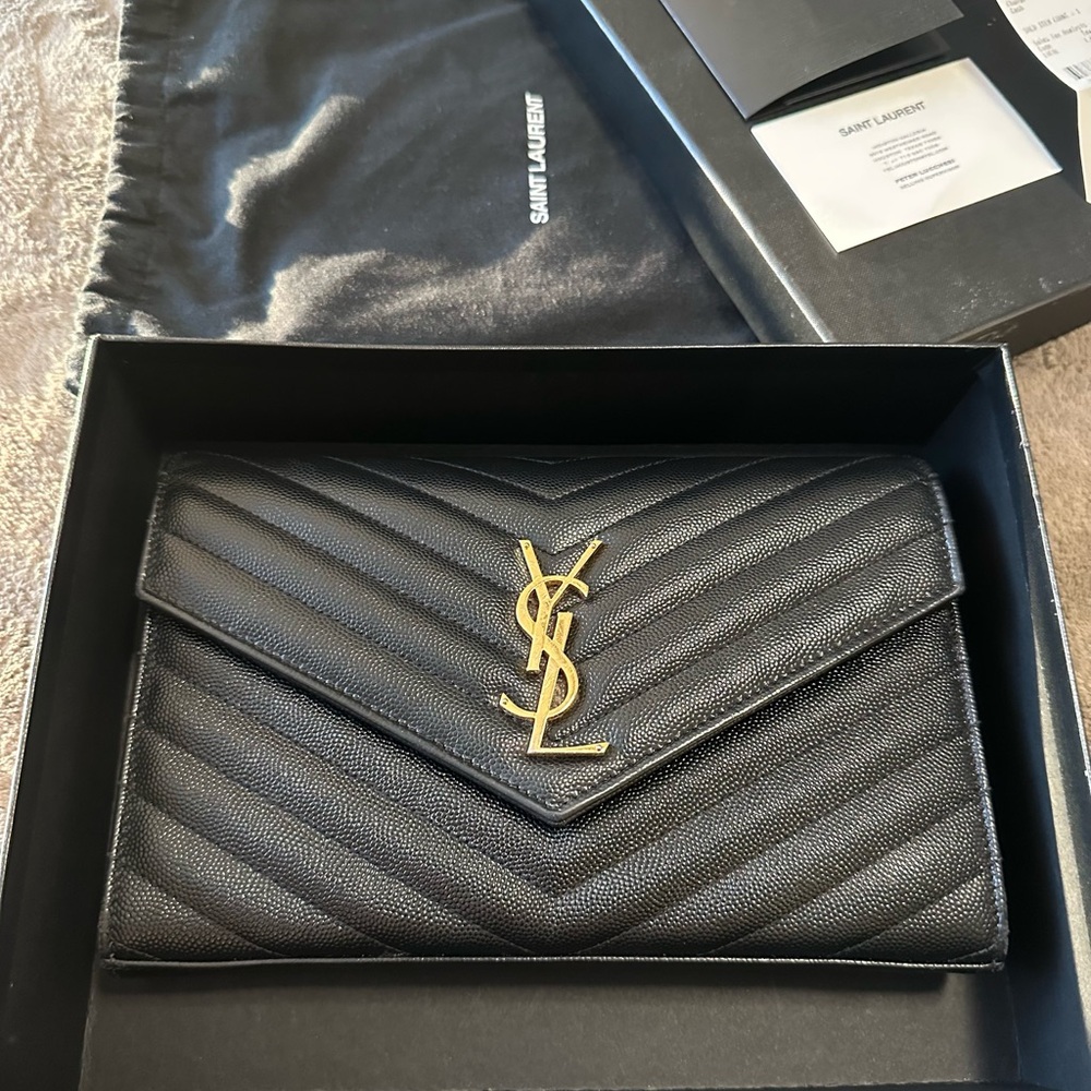 YSL Classic Cassandre Chain Wallet in Grain De Poudre Leather in Black